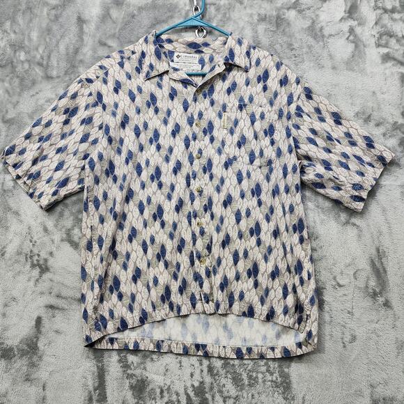 Vintage Columbia Shirt Mens M Blue Gray Flax Blend Leave Print Short Sleeves - Picture 1 of 10